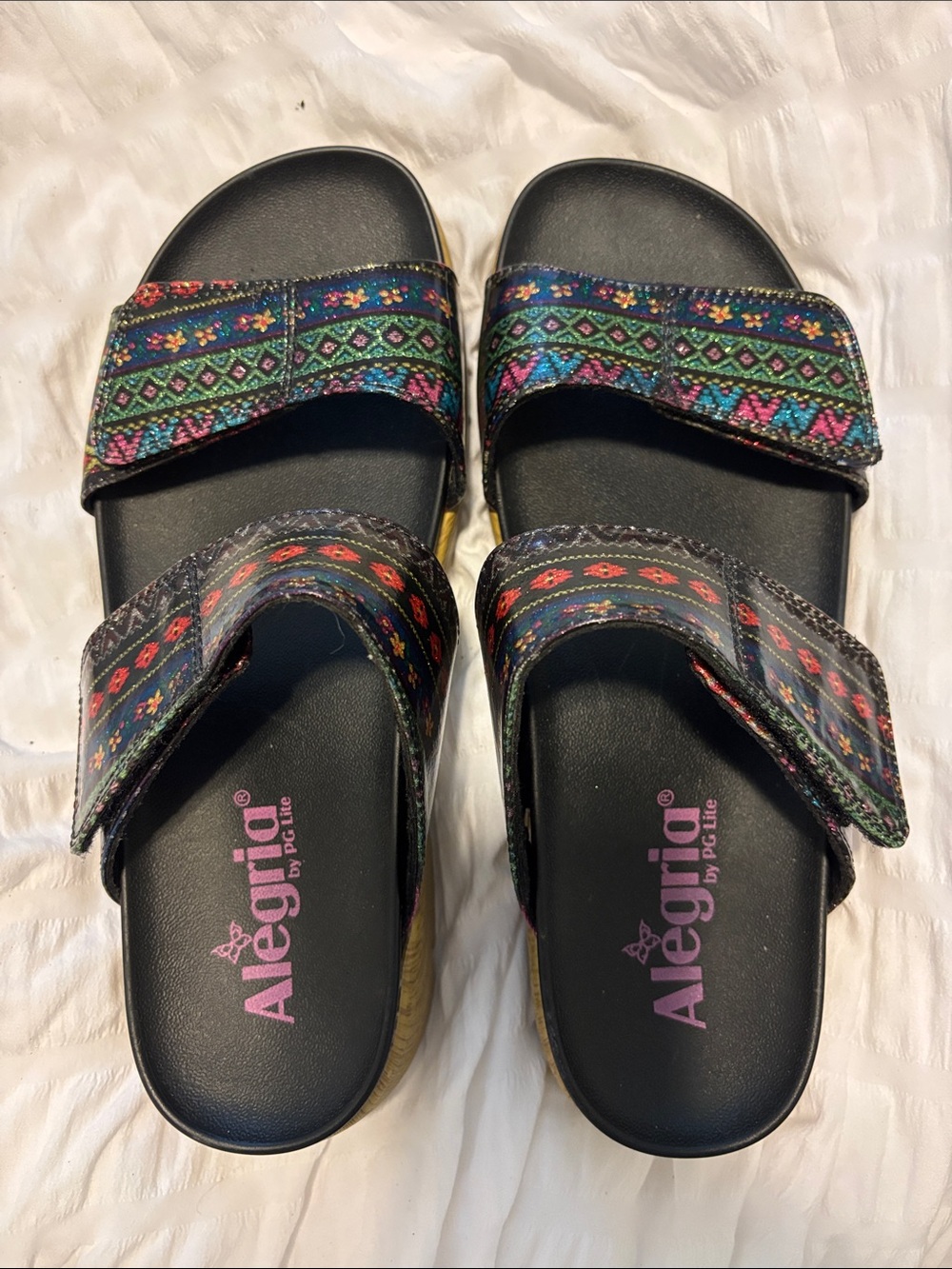 Alegria Women's Black Slide Sandals with Multicolor Patterned Straps